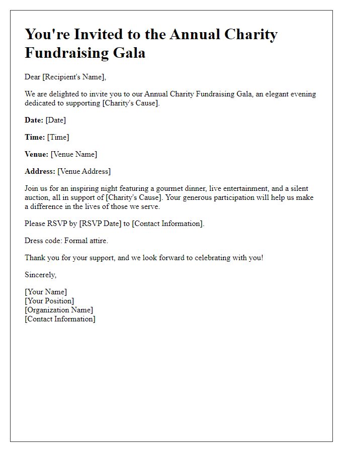 Letter template of formal invitation for charity fundraising gala.