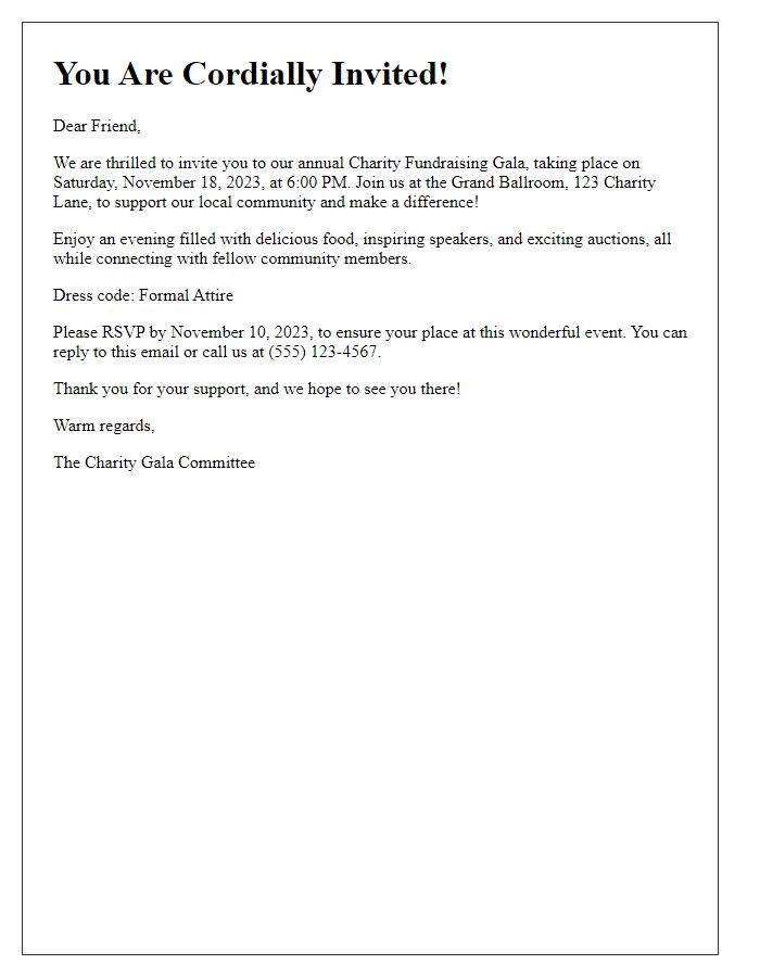 Letter template of friendly invitation for local charity fundraising gala.