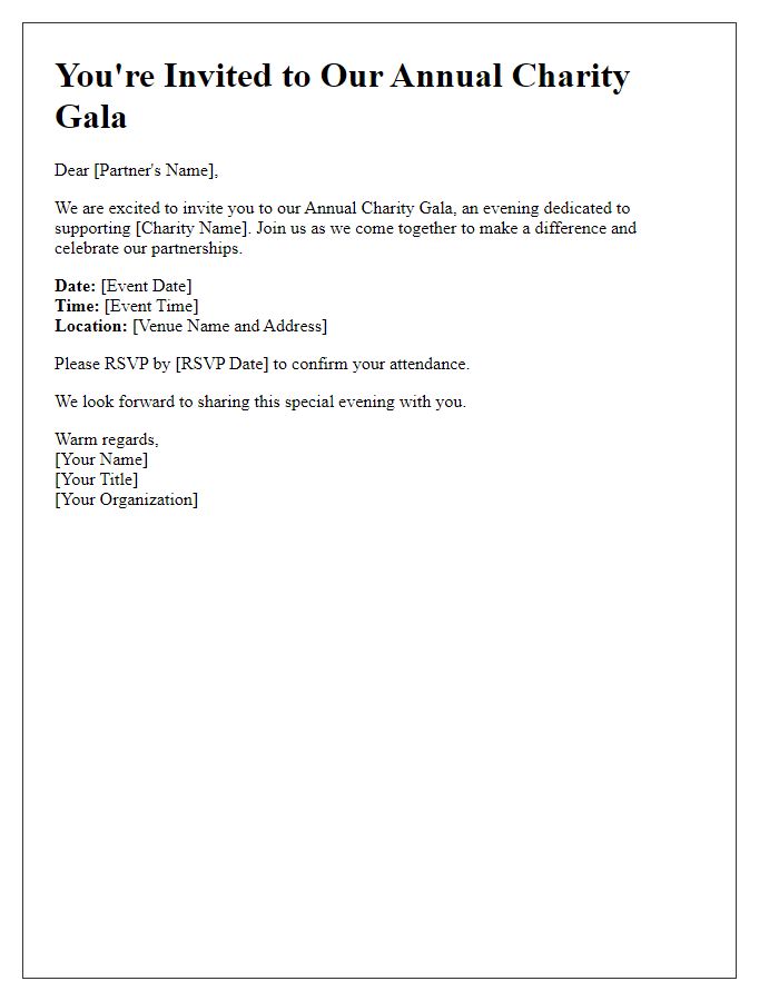 Letter template of gala invitation for corporate partners in charity.