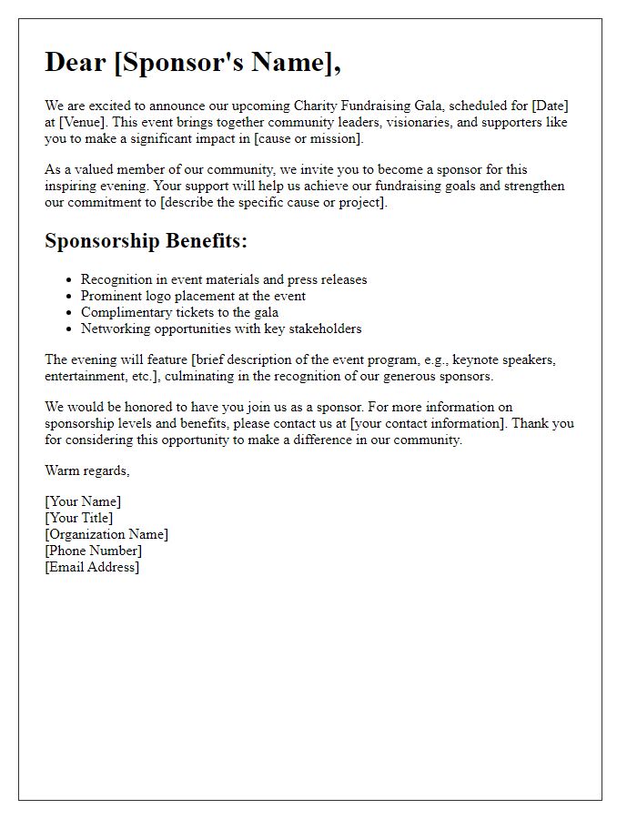 Letter template of sponsor invitation for charity fundraising gala.