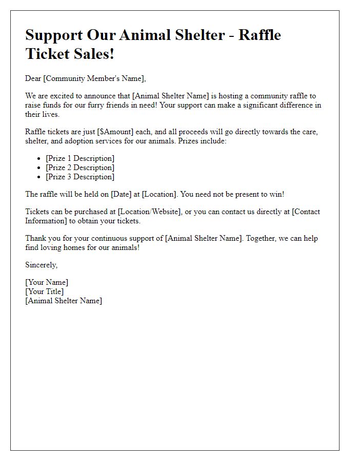 Letter template of community raffle ticket sales for animal shelter support.