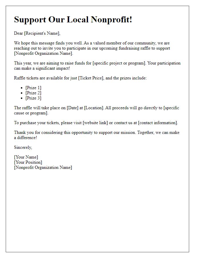 Letter template of fundraising raffle ticket appeal for local nonprofit.