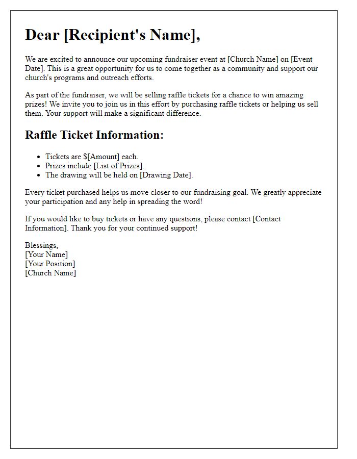 Letter template of raffle ticket sales engagement for church fundraiser.