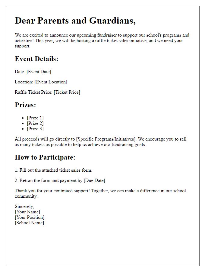 Letter template of raffle ticket sales initiative for school fundraiser.