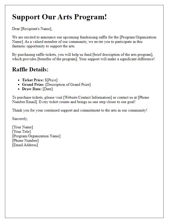 Letter template of raffle ticket sales outreach for arts program funding.