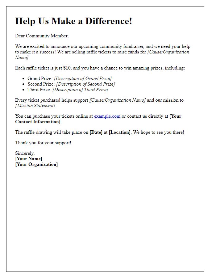 Letter template of raffle ticket sales promotion for community fundraiser.