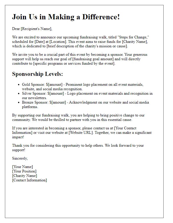 Letter template of fundraising walk sponsorship announcement for charity events.