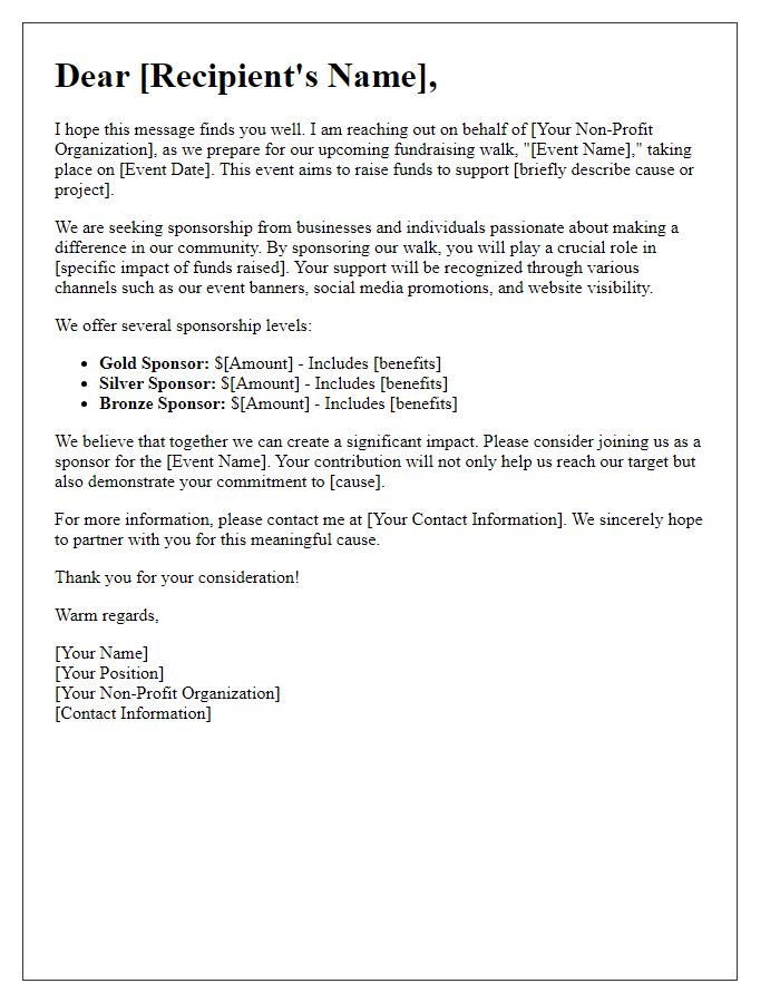 Letter template of fundraising walk sponsorship communication for non-profits.