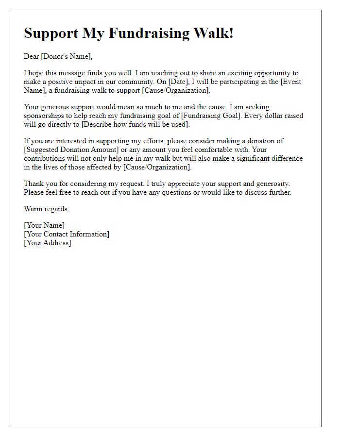 Letter template of fundraising walk sponsorship inquiry for individual donors.