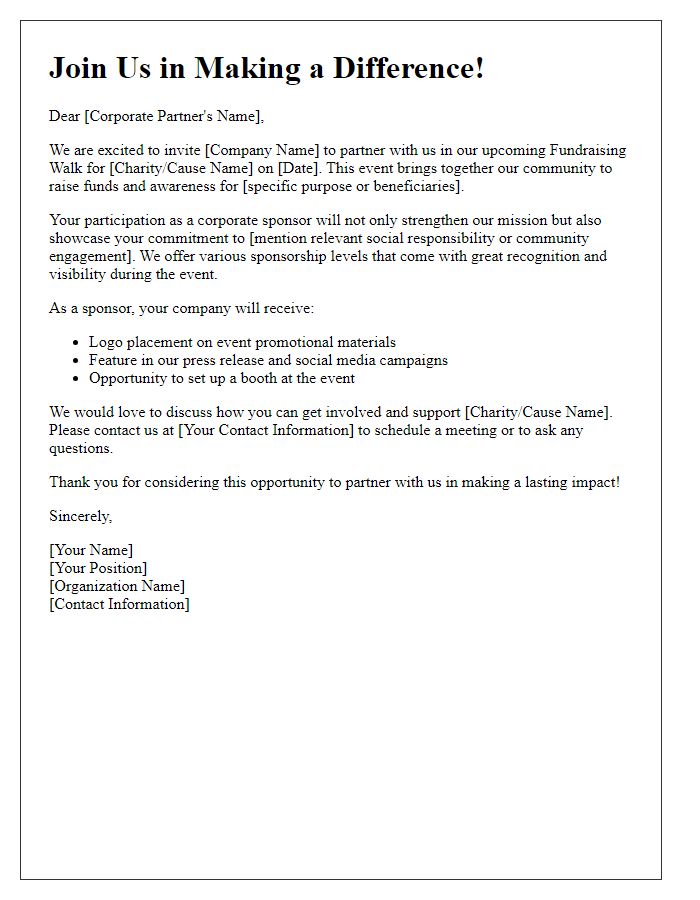 Letter template of fundraising walk sponsorship invitation for corporate partners.