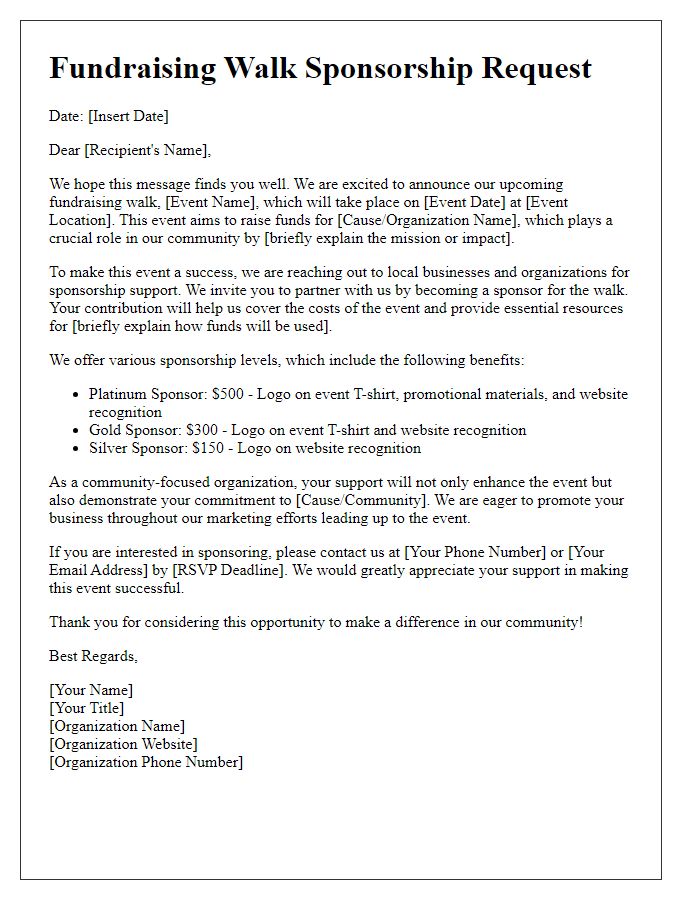 Letter template of fundraising walk sponsorship request for community organizations.