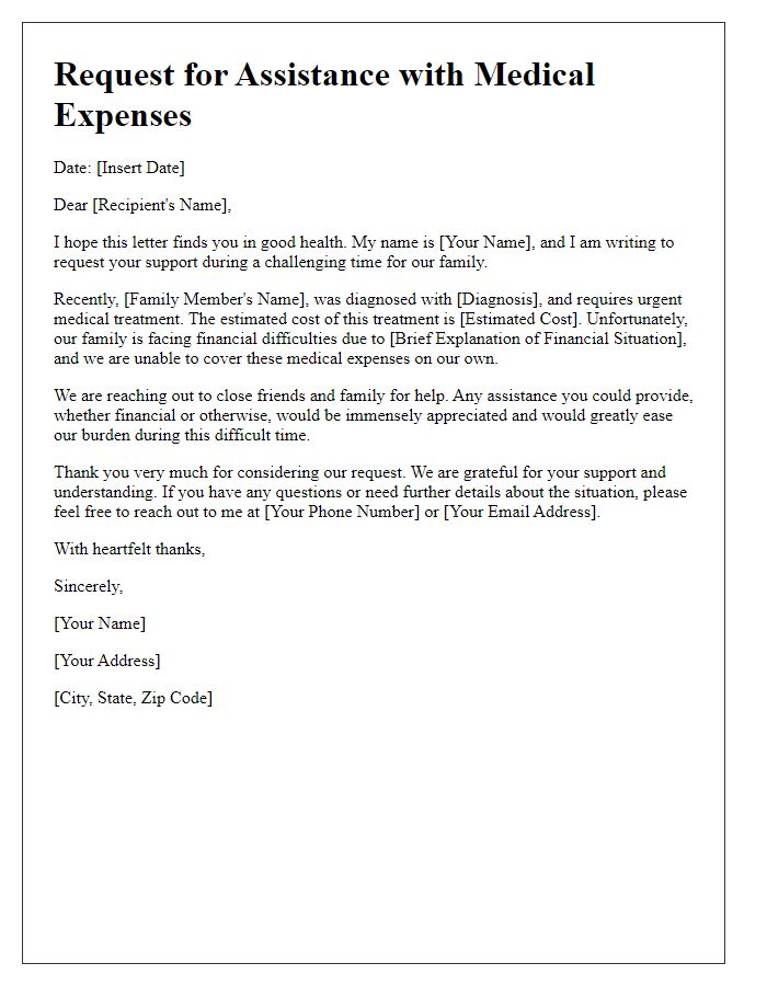 Letter template of family request for help with medical expenses.