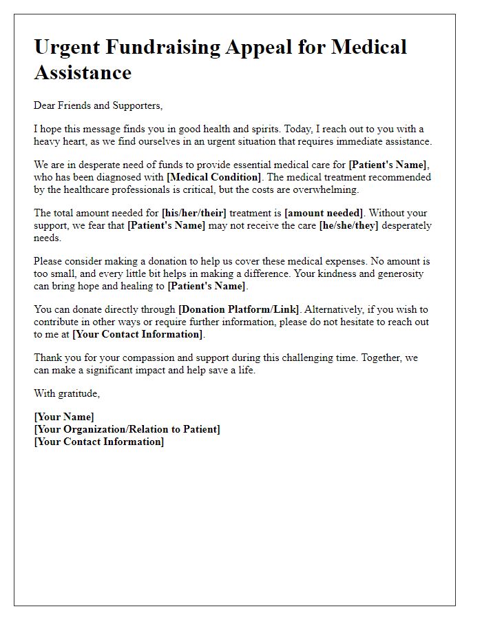 Letter template of urgent fundraising appeal for medical assistance.