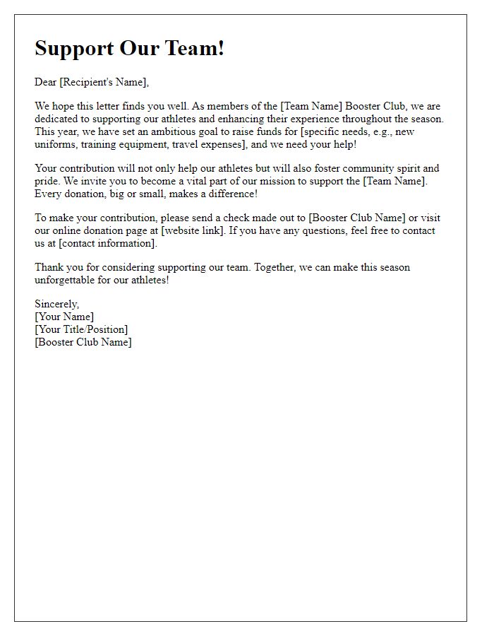 Letter template of sports team booster club fundraising letter.