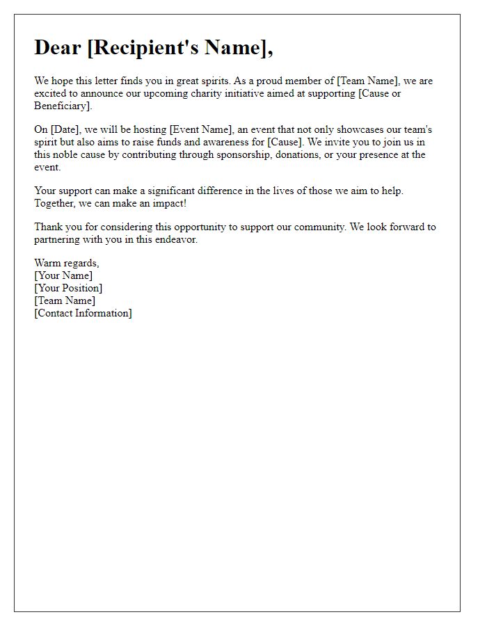 Letter template of sports team charity initiative.