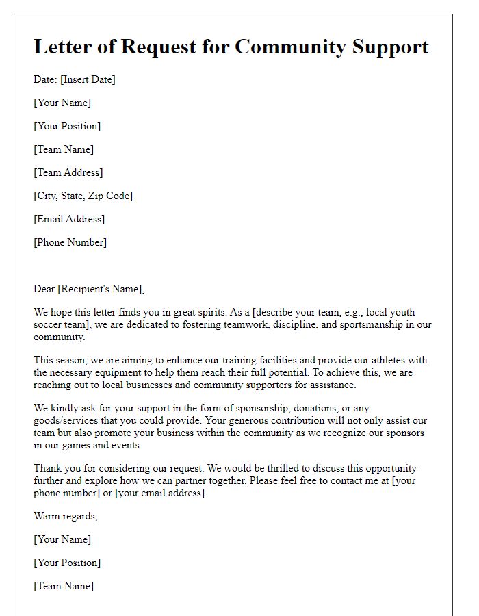 Letter template of sports team community support request.