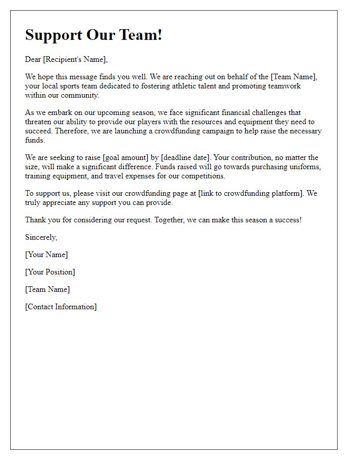 Letter template of sports team crowdfunding request.