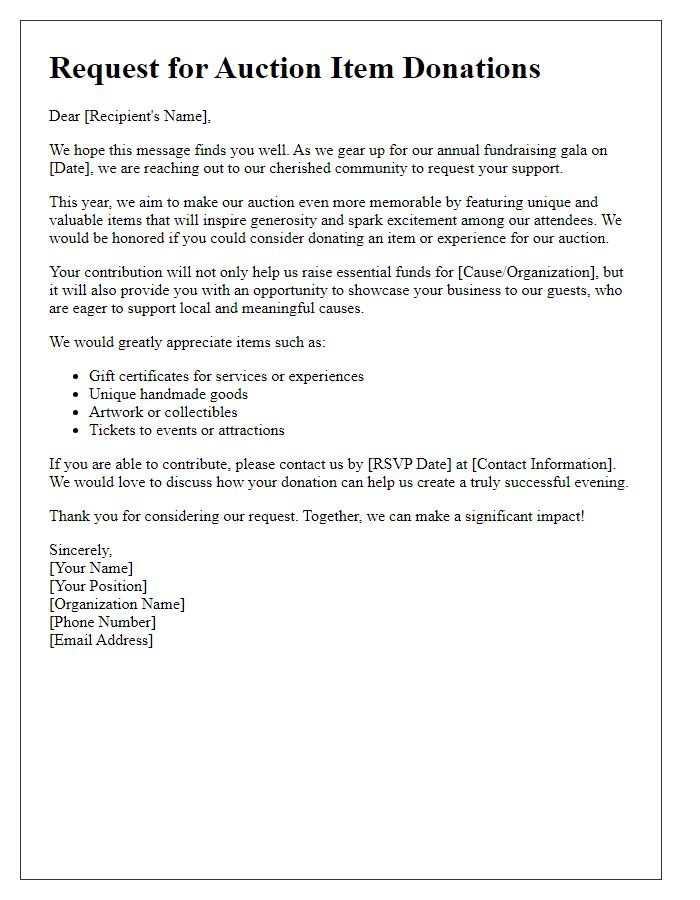 Letter template of appeal for valuable auction items for annual fundraising gala.