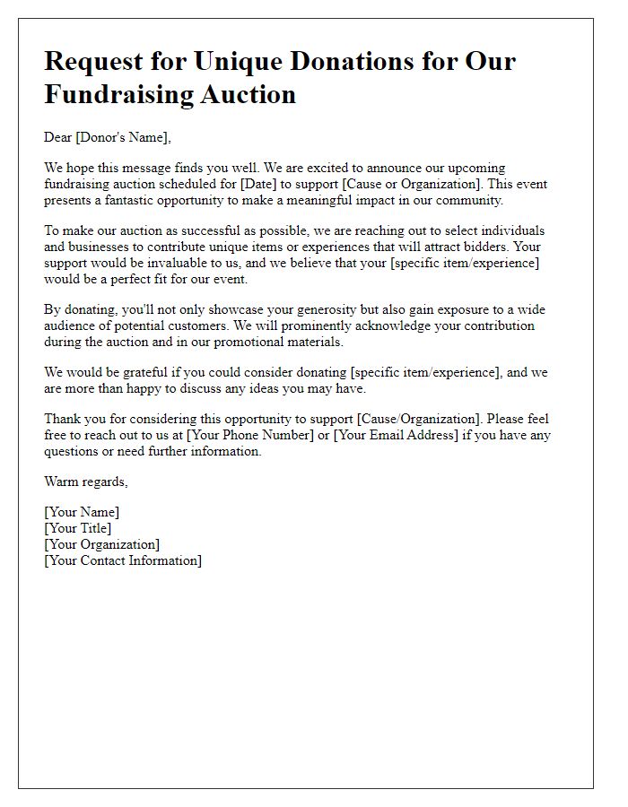 Letter template of communication for securing unique items for fundraising auction.