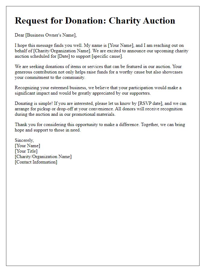 Letter template of encouragement for businesses to donate items for charity auction.