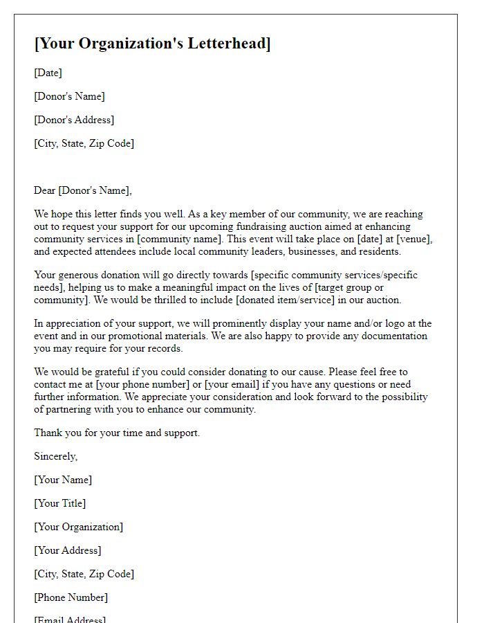 Letter template of formal request for auction donations to enhance community services.