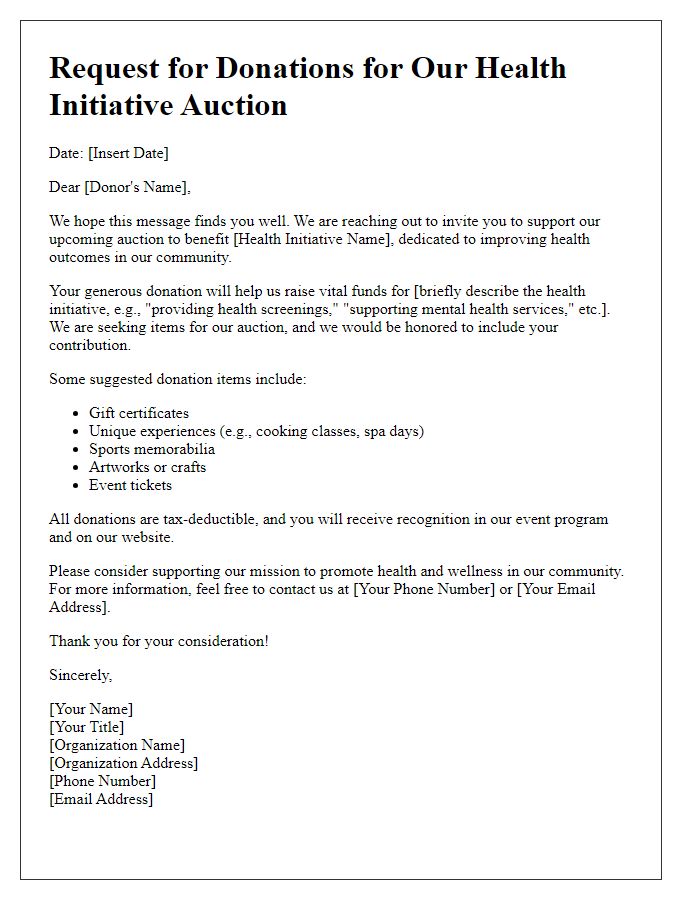 Letter template of solicitation for auction donations to benefit health initiative.