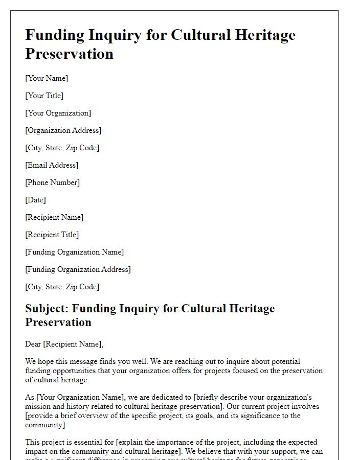 Letter template of nonprofit funding inquiry for cultural heritage preservation.