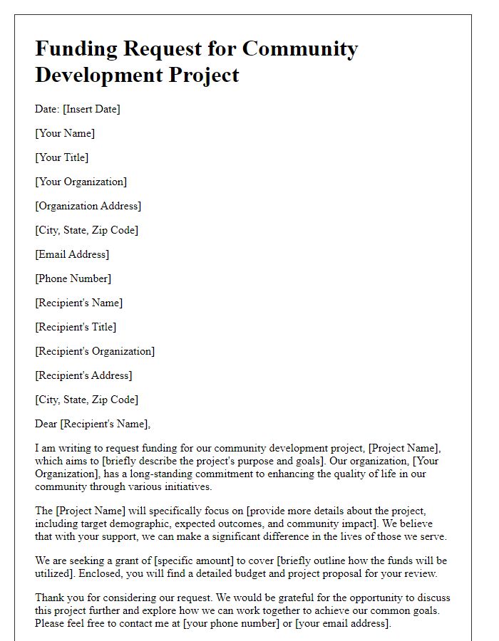 Letter template of nonprofit funding request for community development project.