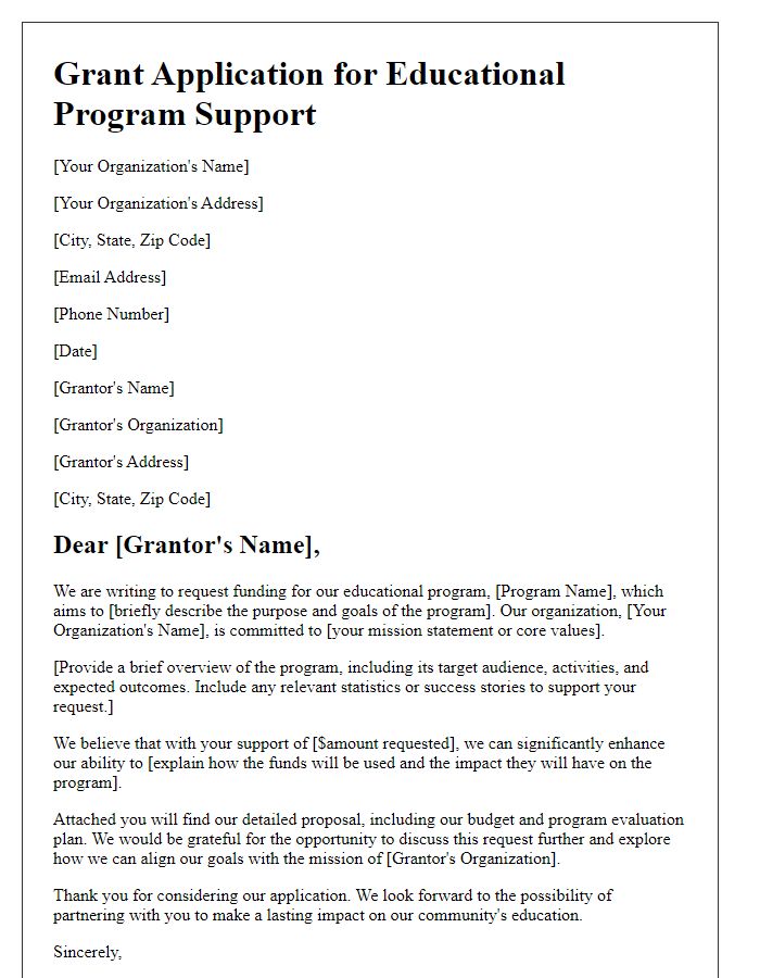 Letter template of nonprofit grant application for educational program support.