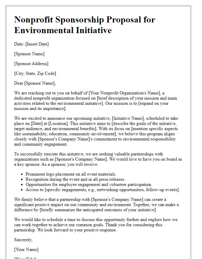 Letter template of nonprofit sponsorship proposal for environmental initiative.