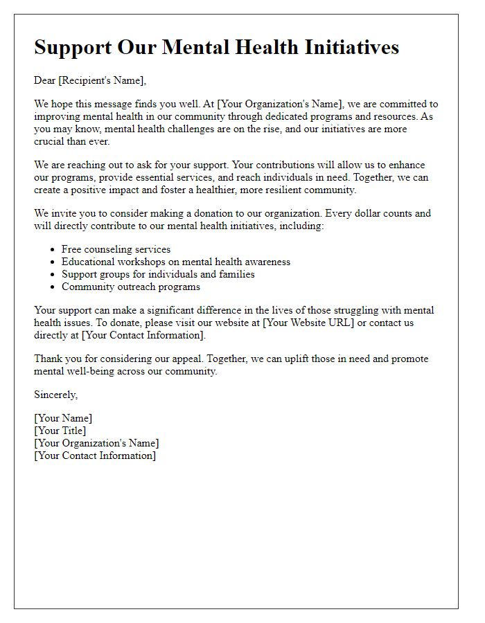 Letter template of nonprofit support appeal for mental health initiatives.