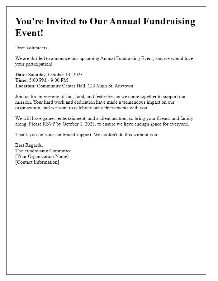 Letter template of annual fundraising event invitation for volunteers.