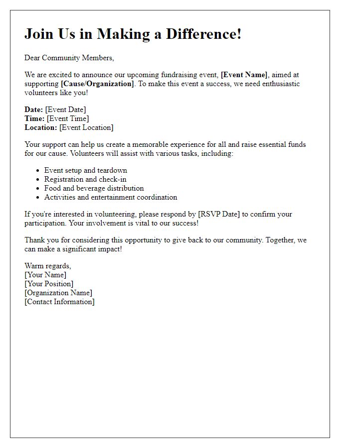 Letter template of community fundraising request for volunteers.