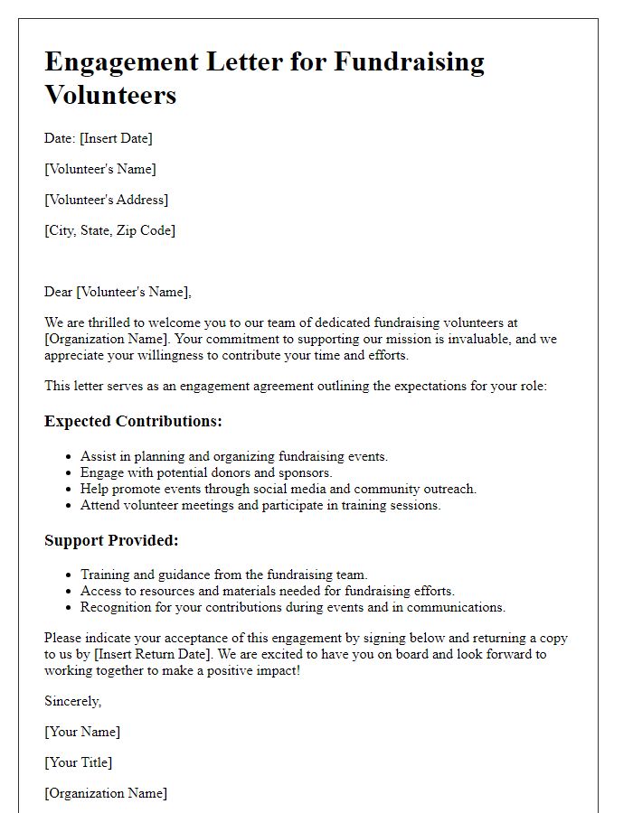 Letter template of engagement letter for fundraising volunteers.