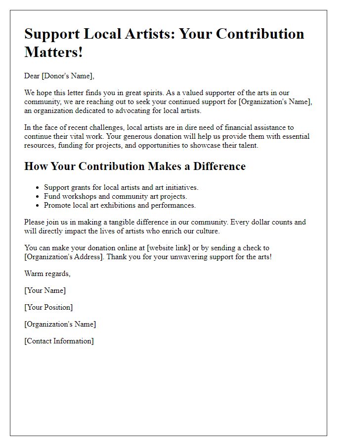 Letter template of fundraising appeal for arts organizations advocating for local artists.