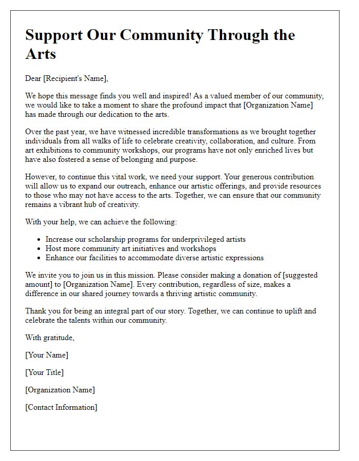 Letter template of fundraising appeal for arts organizations celebrating community impact and involvement.