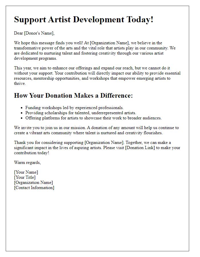 Letter template of fundraising appeal for arts organizations emphasizing artist development.