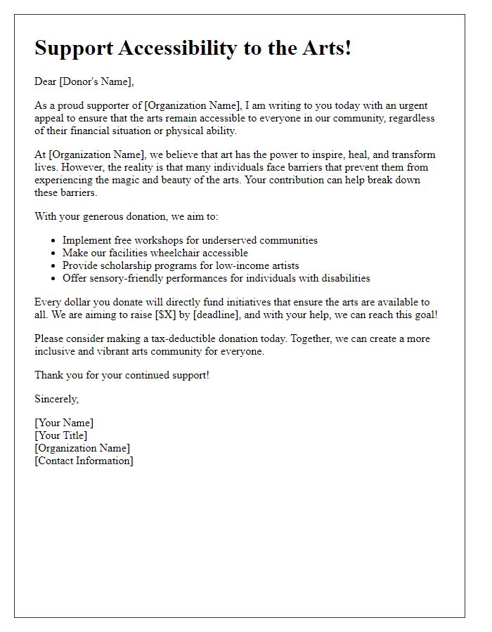 Letter template of fundraising appeal for arts organizations ensuring accessibility to the arts.