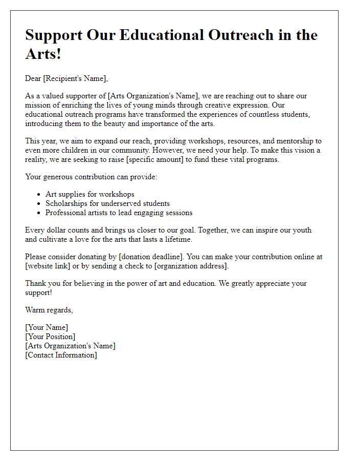 Letter template of fundraising appeal for arts organizations focused on educational outreach.