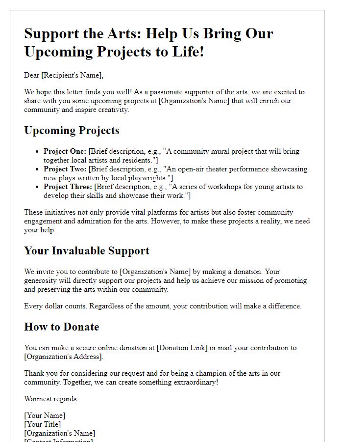 Letter template of fundraising appeal for arts organizations highlighting upcoming projects.