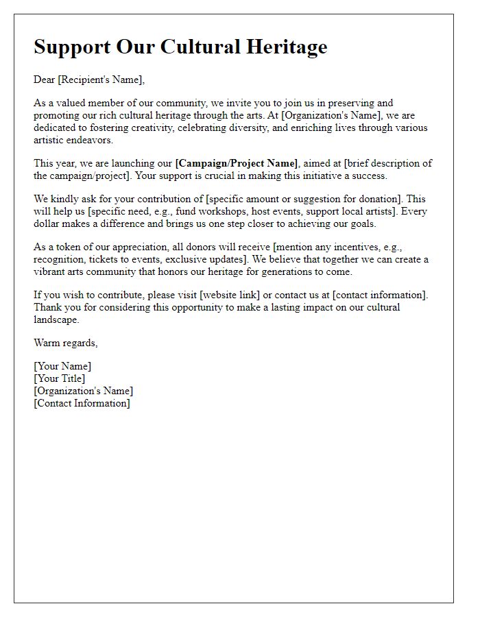 Letter template of fundraising appeal for arts organizations promoting cultural heritage.