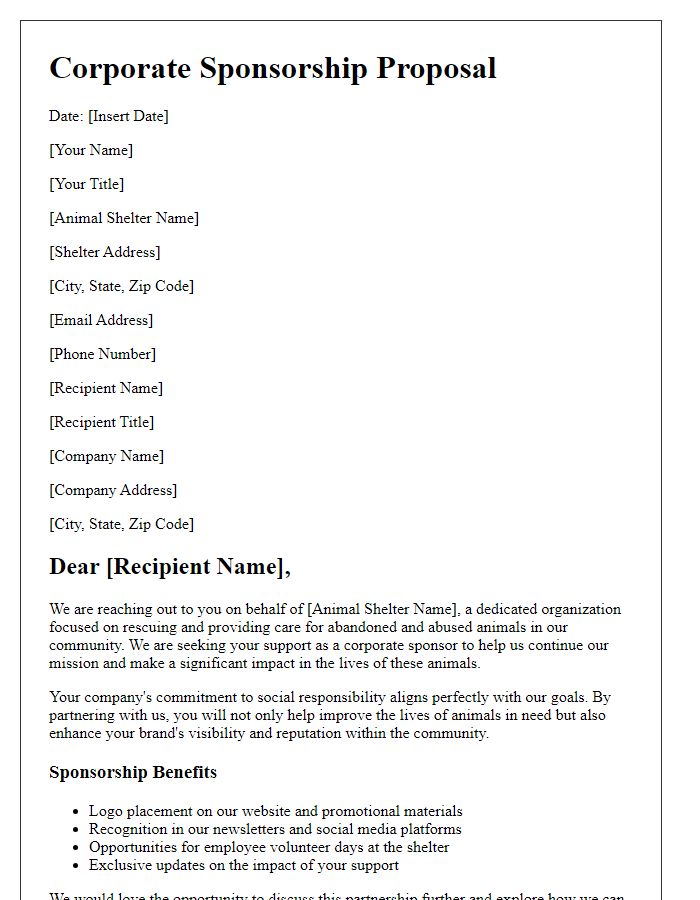 Letter template of corporate sponsorship proposal for animal shelter.