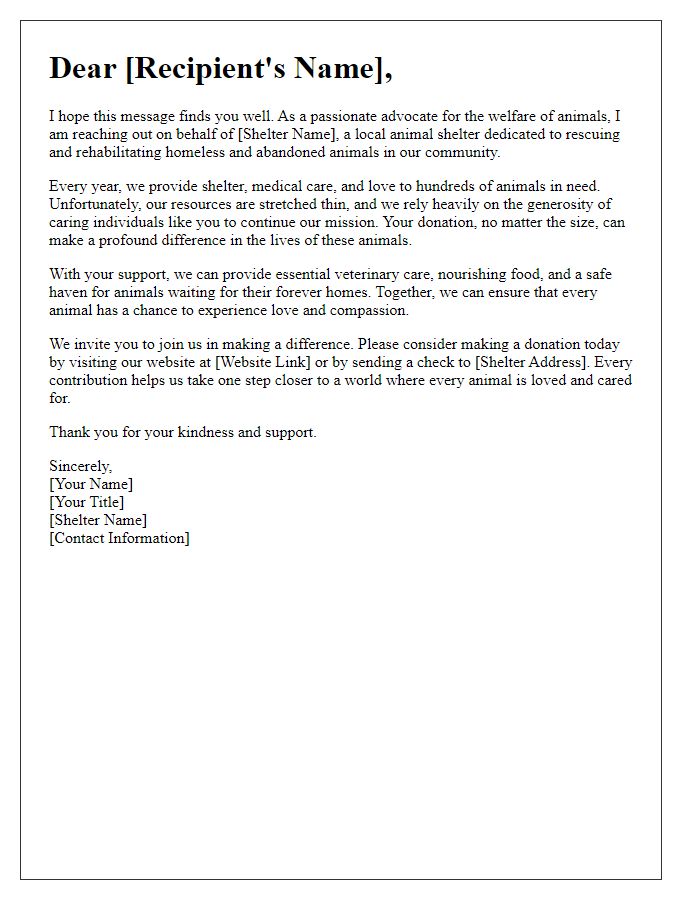 Letter template of heartfelt appeal for animal shelter donations.