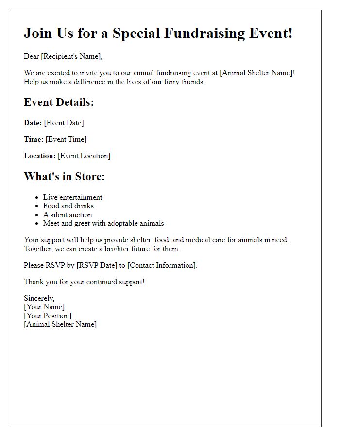 Letter template of special event invitation for animal shelter fundraising.