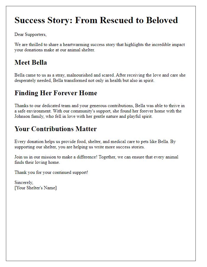 Letter template of success story showcase for animal shelter fundraising.