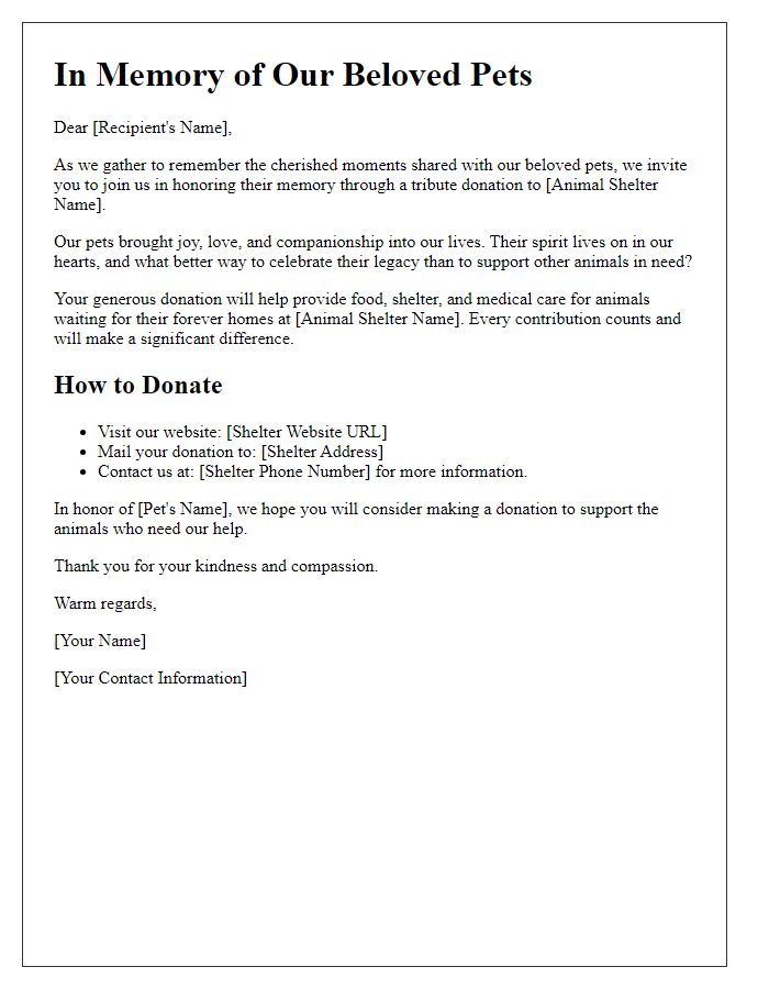 Letter template of tribute donation request for animal shelter in memory of pets.