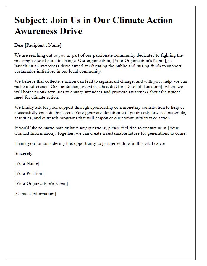 Letter template of awareness drive for climate action fundraising request.