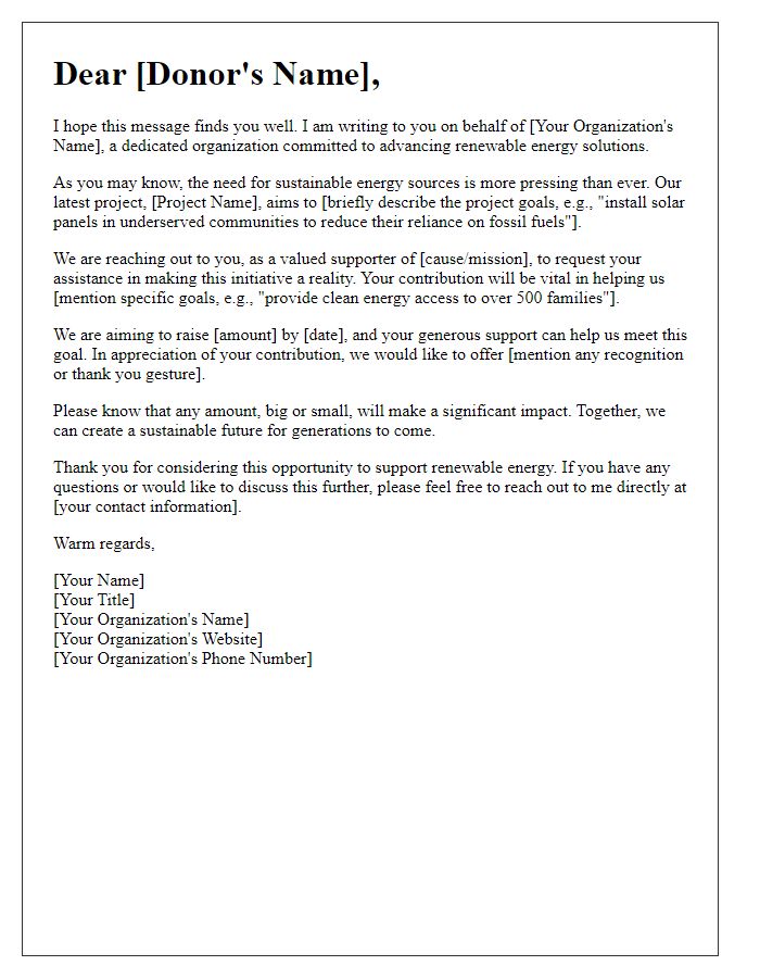 Letter template of donor outreach for renewable energy project fundraising request.