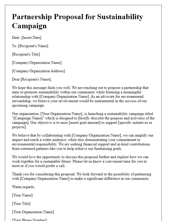 Letter template of partnership proposal for sustainability campaign fundraising request.