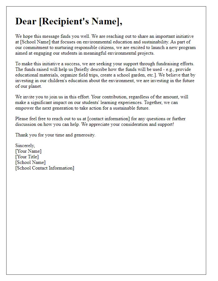 Letter template of school engagement for environmental education fundraising request.